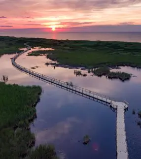 Vidvinkelbilde av en lang flytebro som går gjennom rolige våtmarker, med en solnedgang ved kysten som bakgrunn.
