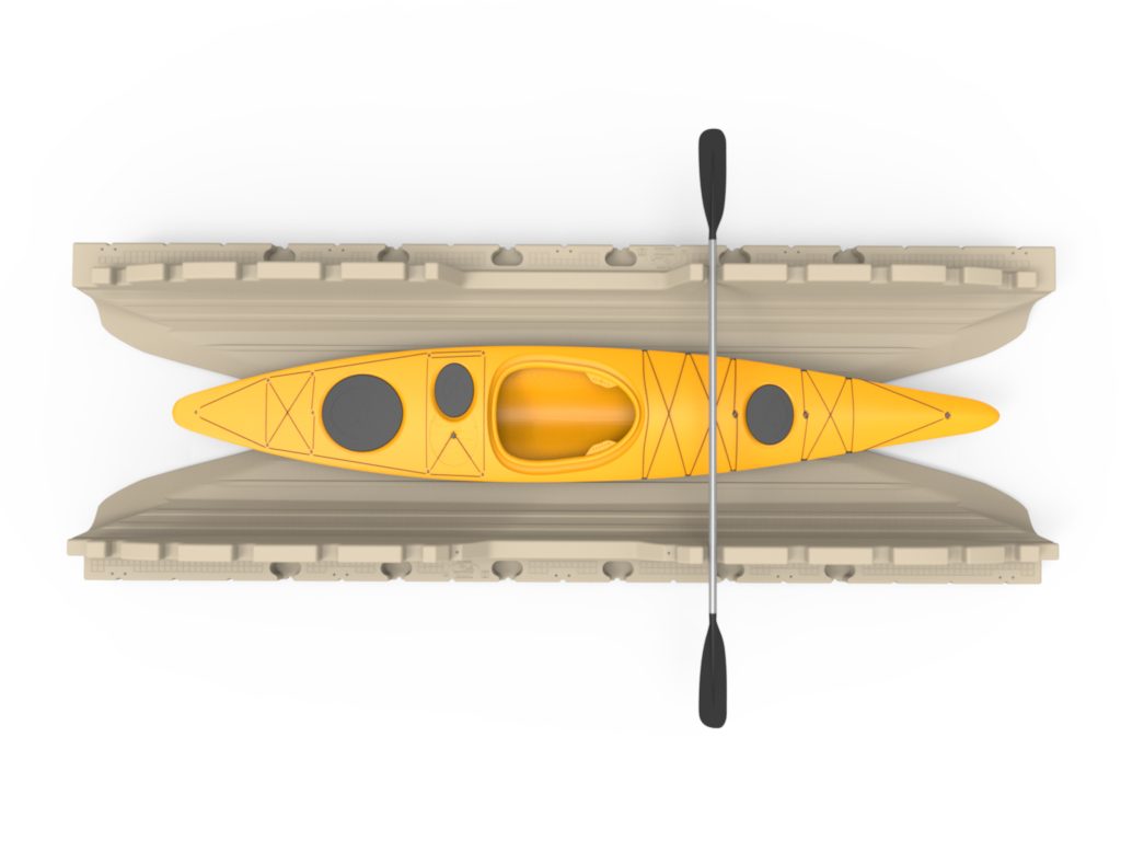 CAD overhead view of kayak launch with paddle
