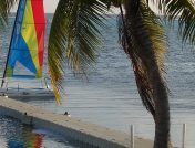 View from beach of floating dock with colorful sail boat