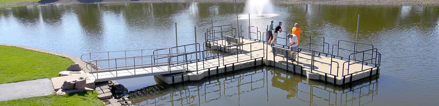 Wide angle view of floating dock with railings
