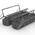 Sistema de elevación para embarcaciones EZ Dock Aegis, partes sumergidas, brazo Pitman en posición elevada. Vista trasera.