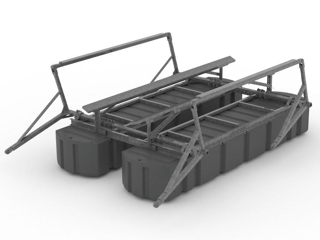 EZ Dock Aegis Boat Lift system, below water parts, Pitman arm in the up position. Back view.