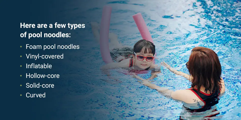 A child uses a pool noodle to swim with an adults supervision