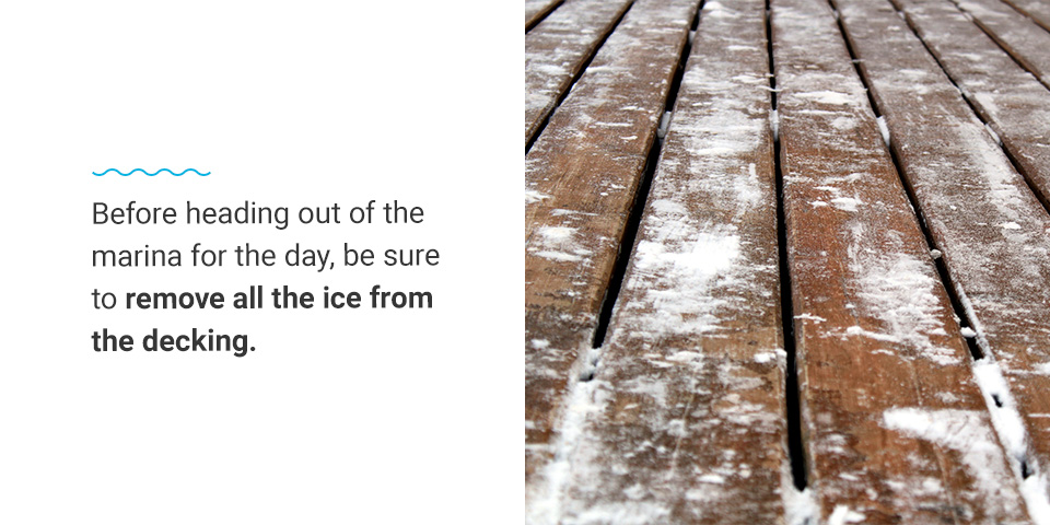 Before heading out of the marina be sure to remove all ice from the decking