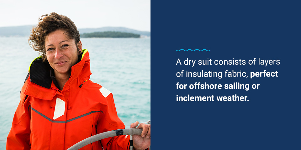 A dry suit consists of layers of insulating fabric perfect for offshore sailing or inclement weather