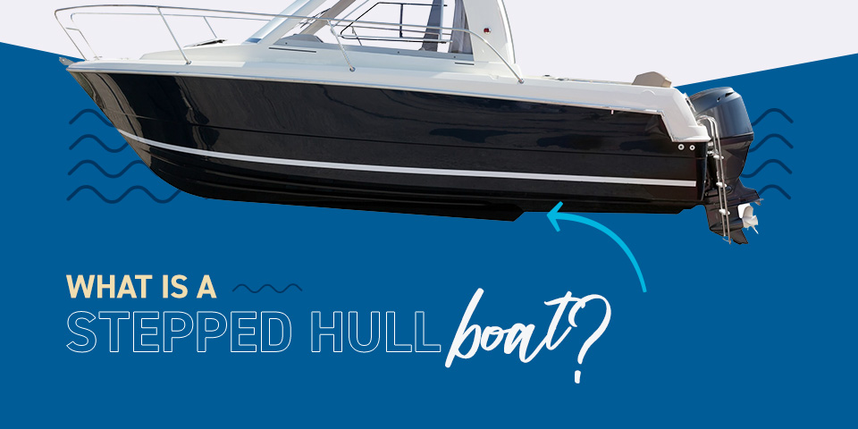 Black and white stepped hull boat on a blue and white background with "what is a stepped hull boat?" text underneath