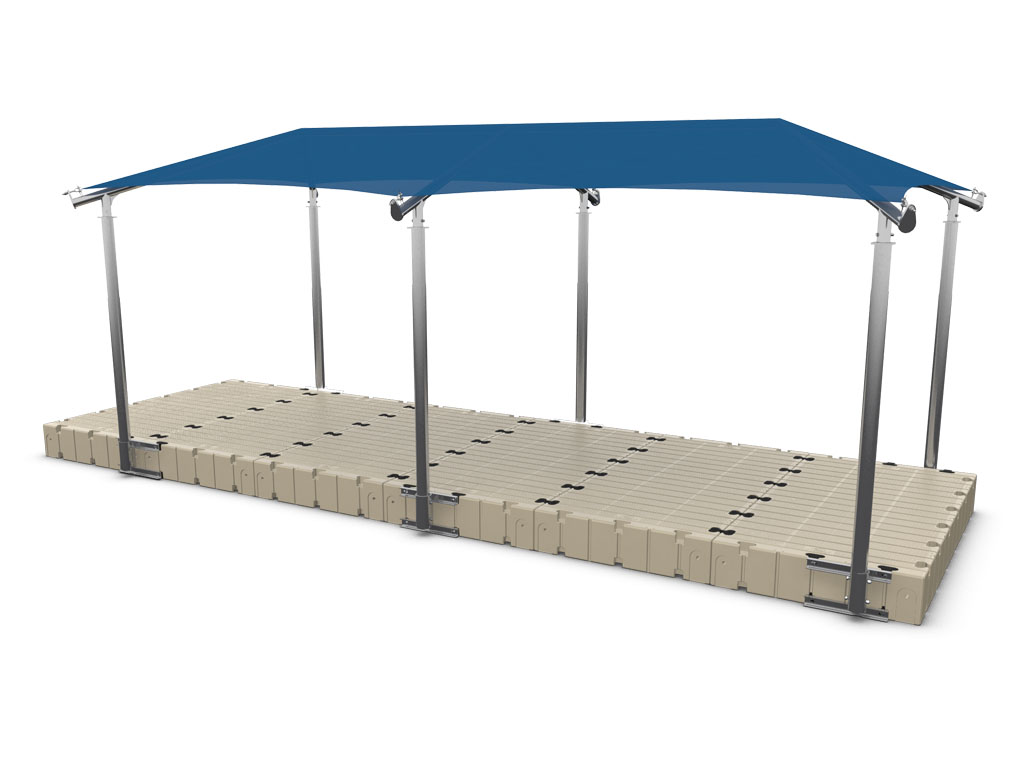 rendering of the 10′ x 20′ shade covering for a dock, navy blue shade canopy, beige floating dock from EZ Dock
