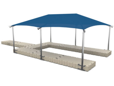 rendering of the 20′ x 30′ shade covering for a dock, blue shade canopy, beige floating dock from EZ Dock
