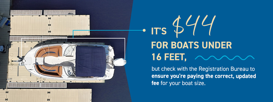 It's $44 for boats under 16 feet, but check with the Registration Bureau to ensure you're paying the correct, updated fee for your boat size.