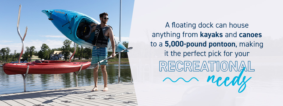 A floating dock can house anything from kayaks and canoes to a 5,000-pound pontoon, making it the perfect pick for your recreational needs