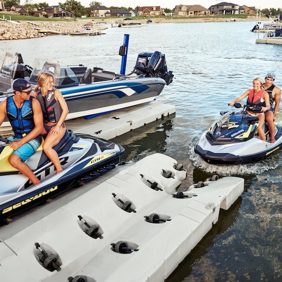 EZ Port 2i, Ski-Doo riders motoring their watercraft onto a floating dock
