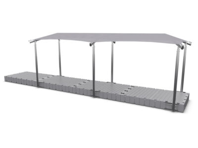 rendering of the 8′ x 20′ shade covering for a dock, silver colored shade canopy, grey floating dock from EZ Dock