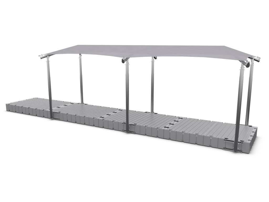 rendering of the 8′ x 20′ shade covering for a dock, silver colored shade canopy, grey floating dock from EZ Dock