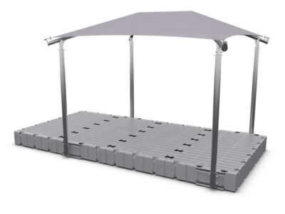 rendering of the 10′ x 12′ shade covering for a dock, silver colored shade canopy, grey floating dock from EZ Dock