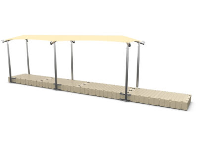 rendering of the 6.5′ x 30′ shade covering for a dock, sand colored shade canopy, beige floating dock from EZ Dock