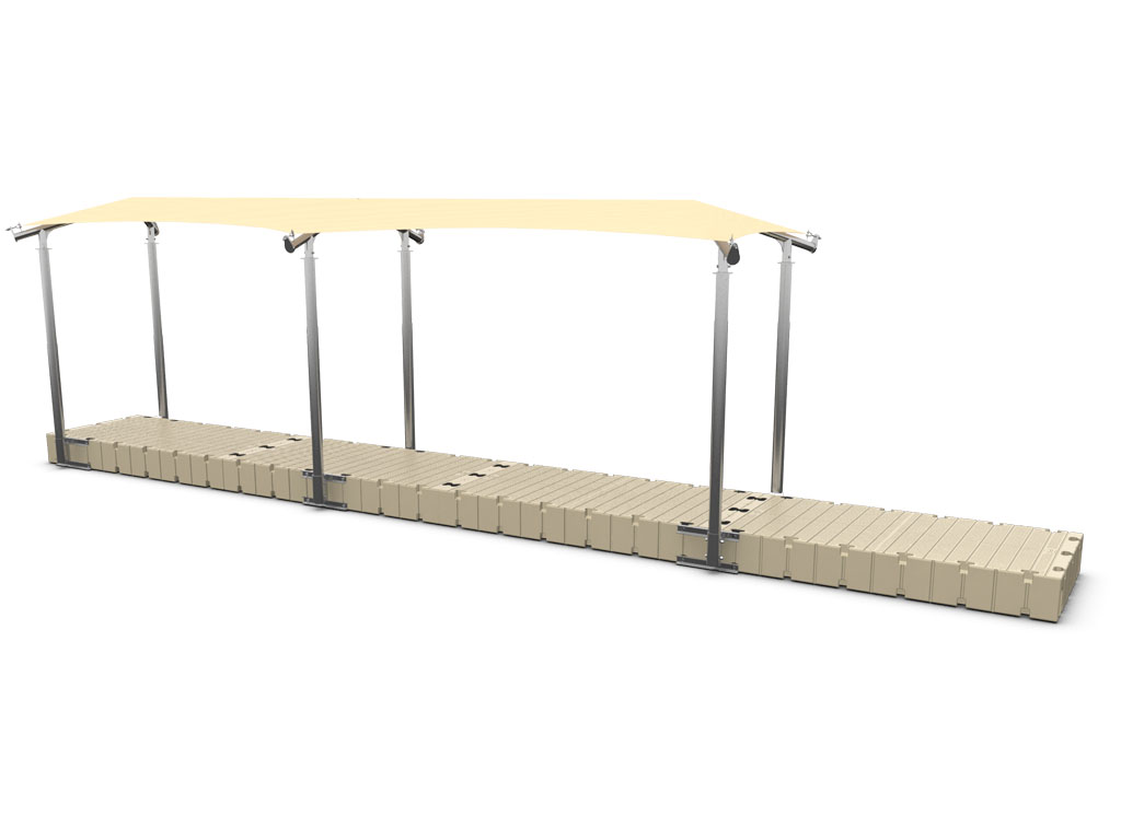 rendering of the 6.5′ x 30′ shade covering for a dock, sand colored shade canopy, beige floating dock from EZ Dock