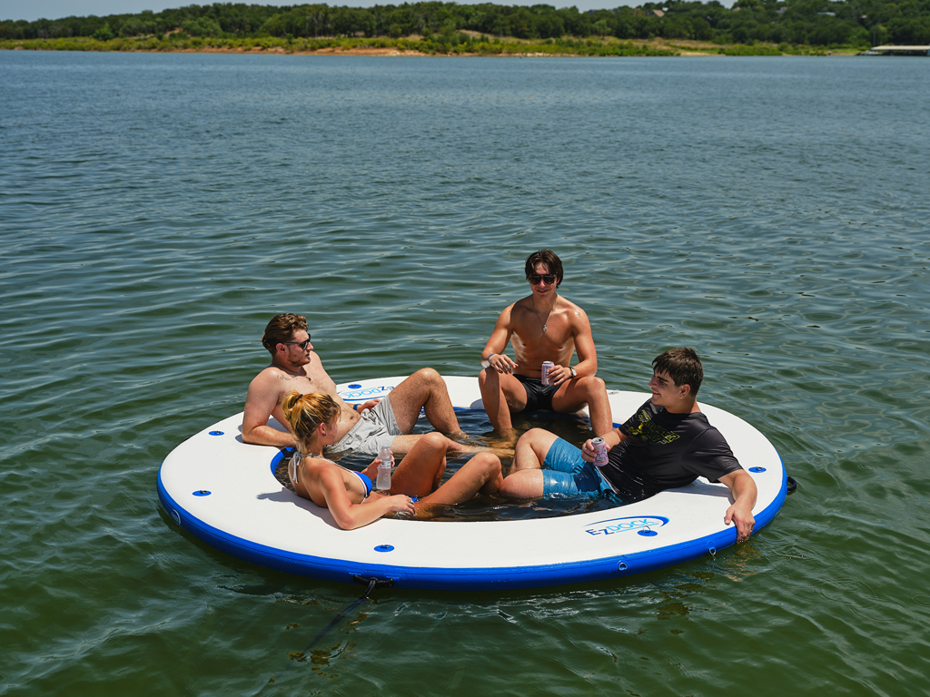 circle shaped inflatable dock floating on a lack