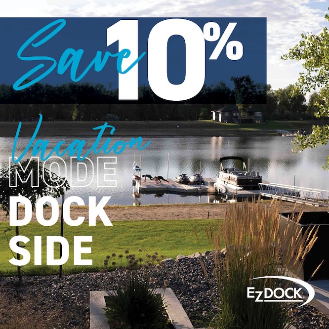 Save 10%, vacation mode dock side, EZ Dock logo, photo of lakefront property with a dock