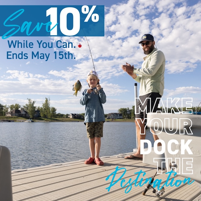 Save 10%, vacation mode dock side, EZ Dock logo, photo of lakefront property with a dock